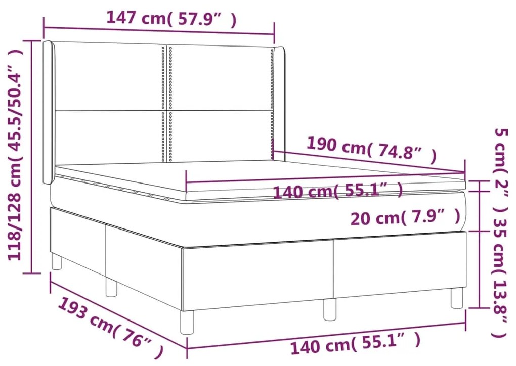 Cama box spring c/ colchão/LED 140x190 cm veludo cinzento