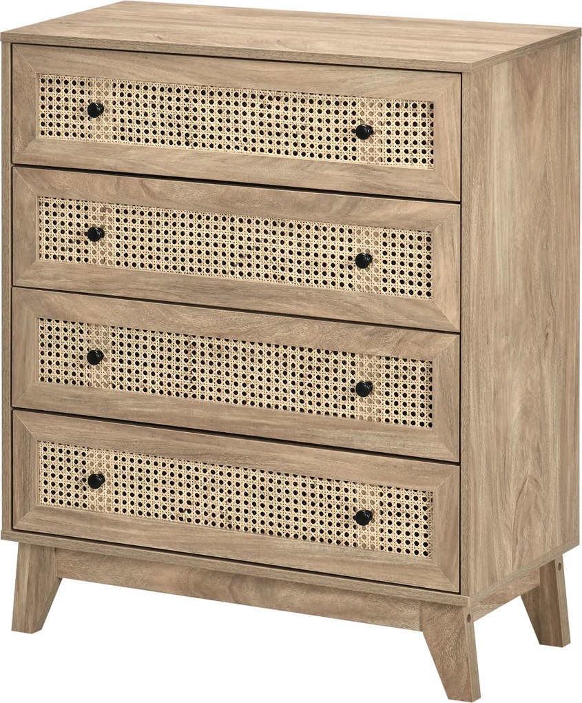 Cómoda com 4 gavetas, móvel de arrumação em vime com acabamento em madeira clara, 80 x 35 x 95 cm