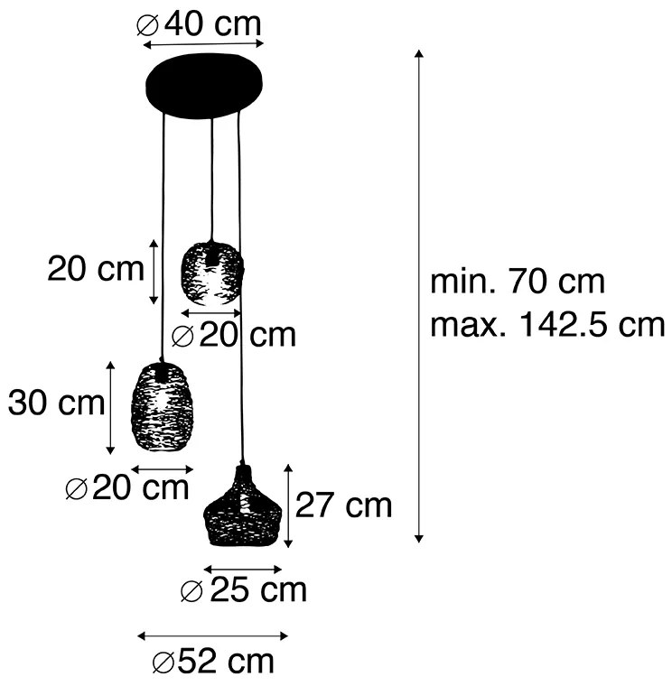 Candeeiro de suspensão preto dourado e cobre redondo 3-luzes - Sarella Design