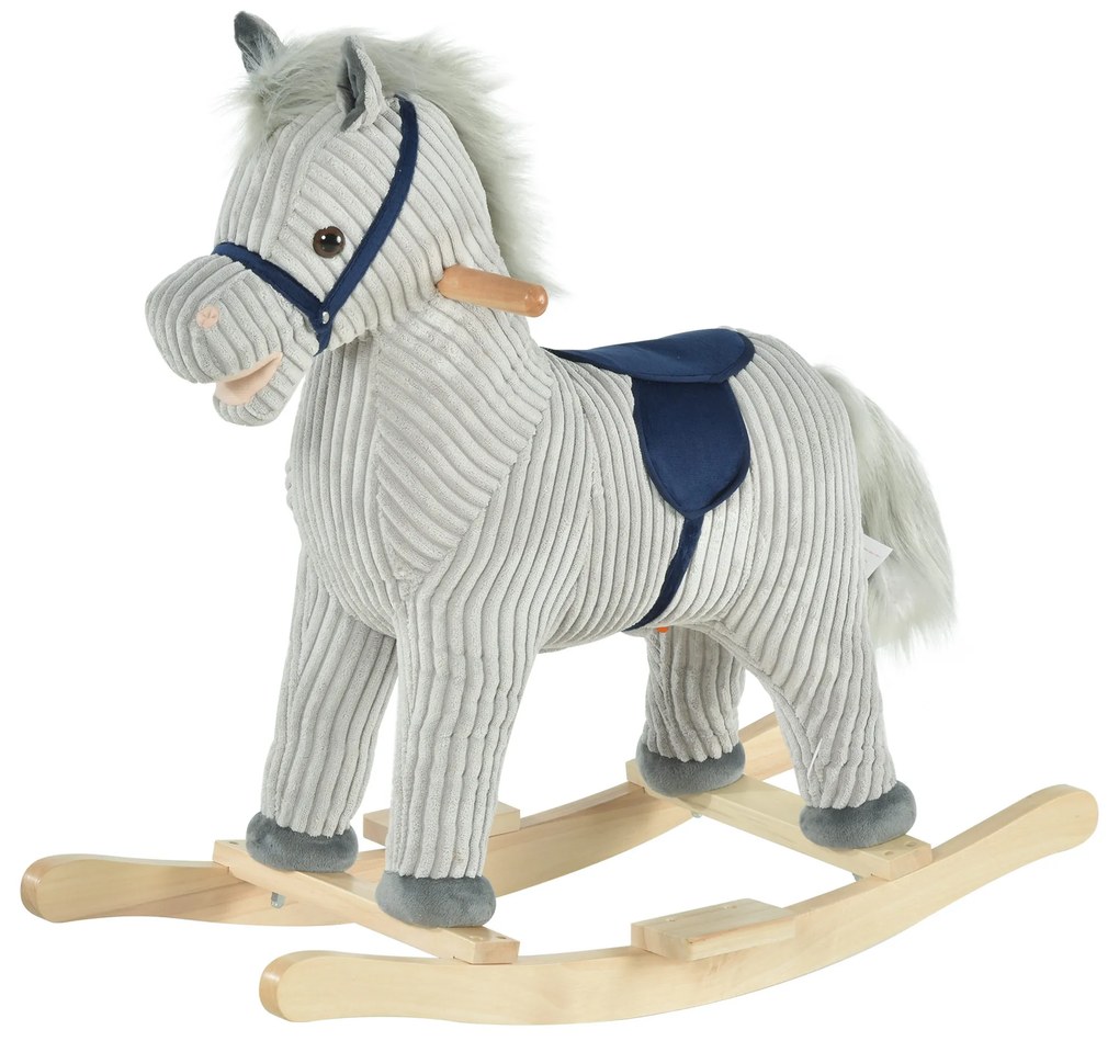 Baloiço Infantil de Cavalo para Crianças acima de 3 Anos Baloiço de Pelúcia com Sons de Relinchos e Galopes e Base de Madeira 73x35x64cm Azul e Cinza