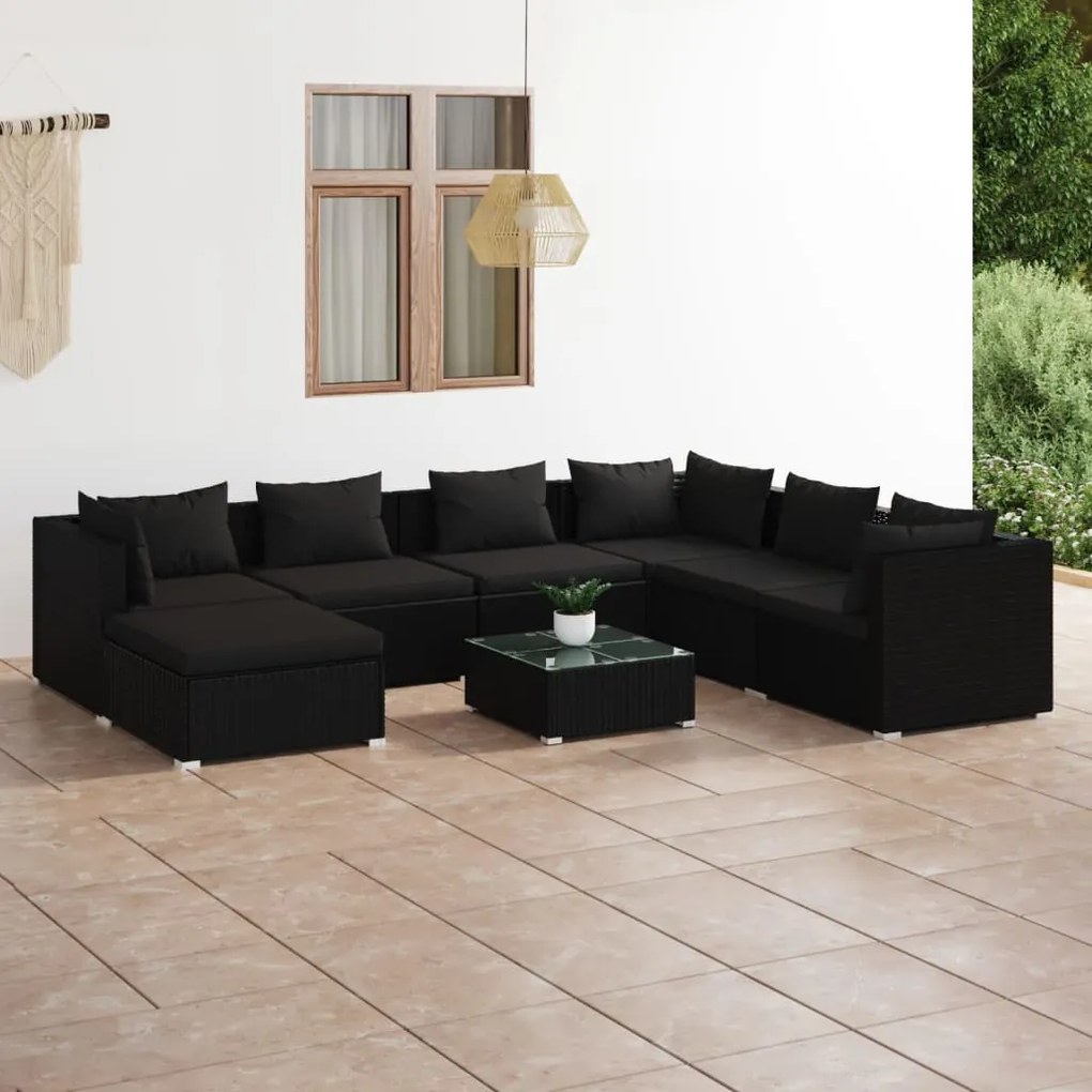 vidaXL 8 pcs conjunto lounge de jardim c/ almofadões vime PE preto