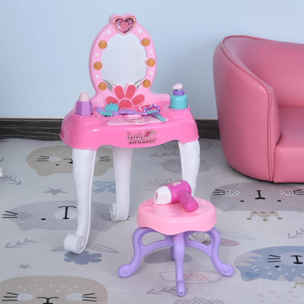 HOMCOM Toucador infantil e cadeira de beleza Conjunto com luzes de espelho, sons e acessórios de maquiagem de beleza para meninas acima de 3 anos 35 x 20 x 59,5 cm