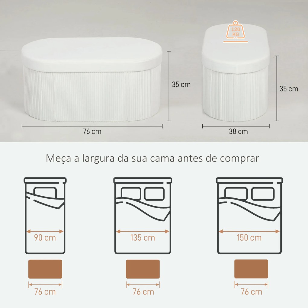 Puff de Arrumação 72 L 76x38x35 cm Estofado em Veludo Baú de Arrumação Suporta 120 kg Creme