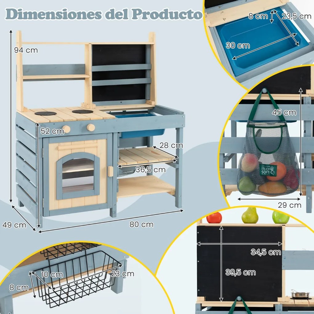 Cozinha de Brincar 2 em 1 para exterior 80 x 49 x 94 cm com torneira removível e cestos metálicos para crianças de 3 a 8 anos, azul