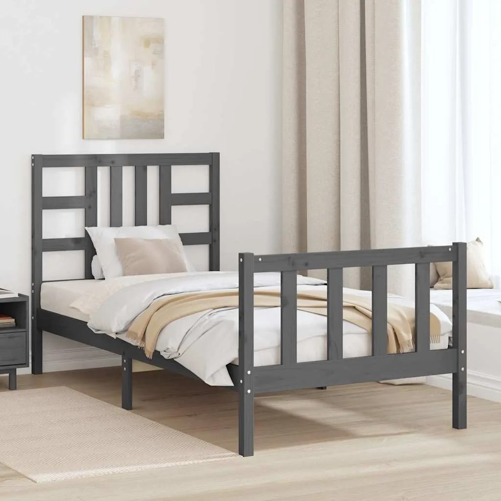 Estrutura de cama com cabeceira 90x190 cm madeira maciça cinza