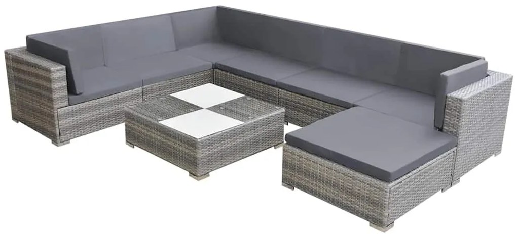 8 pcs conjunto lounge de jardim c/ almofadões vime PE cinzento