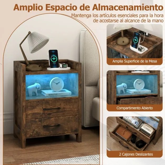 Mesa de cabeceira 45 x 35 x 60 cm com luzes LED e tomadas com 2 gavetas e prateleira aberta castanho
