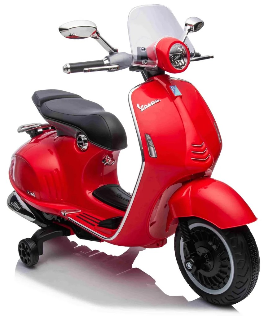 Vespa 946 para crinaças com marcha-atrás, licença, rodas auxiliares, bateria de lítio, 2 motores de 30 W, assento em couro, leitor de MP3 com entrada