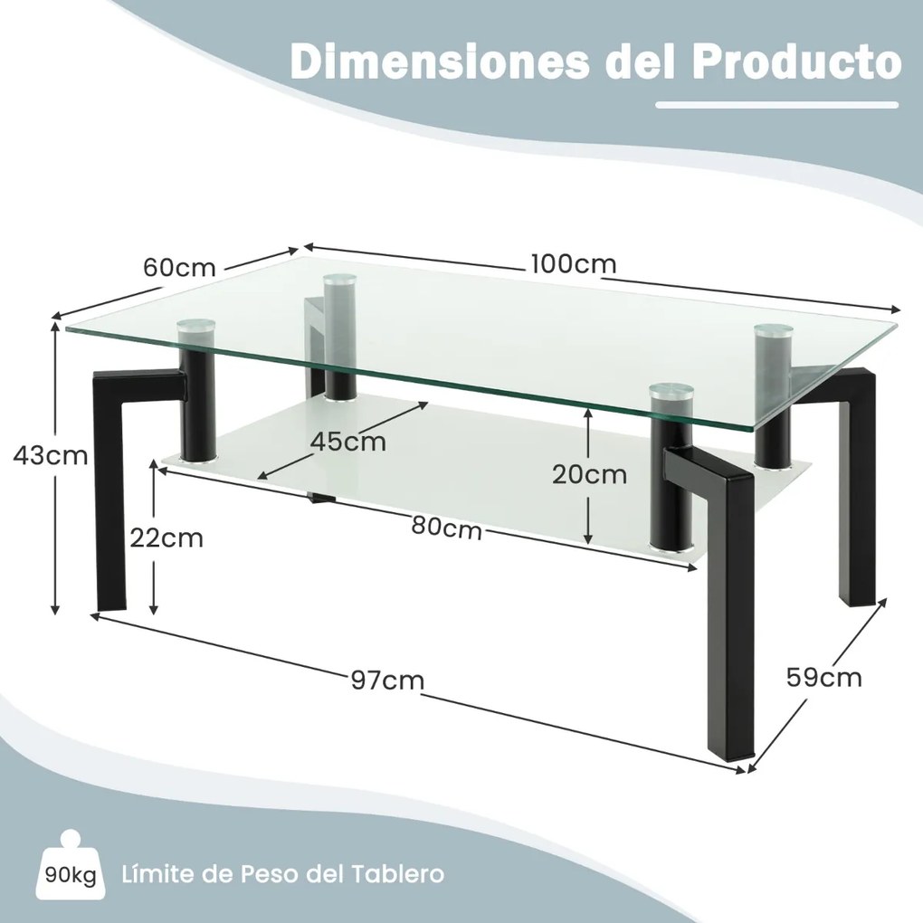 Mesa de centro de vidro retangular moderna de 2 camadas, prateleira de vidro temperado, mesa baixa para sala de estar 100 x 60 x 43 cm preto