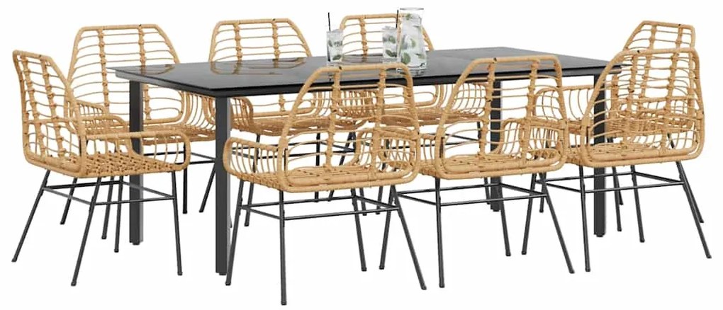 Conjunto jantar jardim 9 peças vidro vime PE castanho
