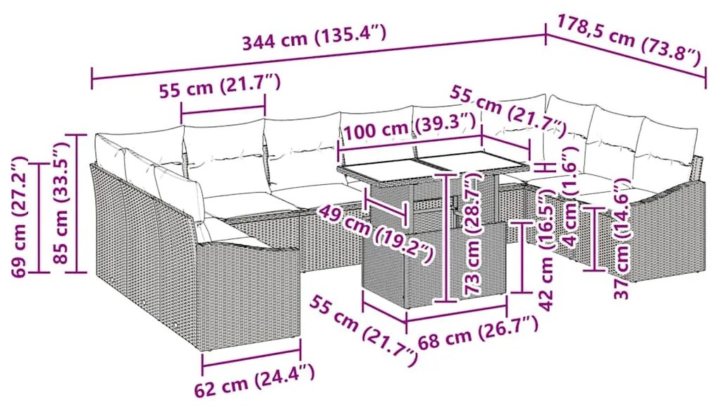 Conjunto de Sofá de Jardim de 11 Peças com Almofadas Bege em Rattan Si