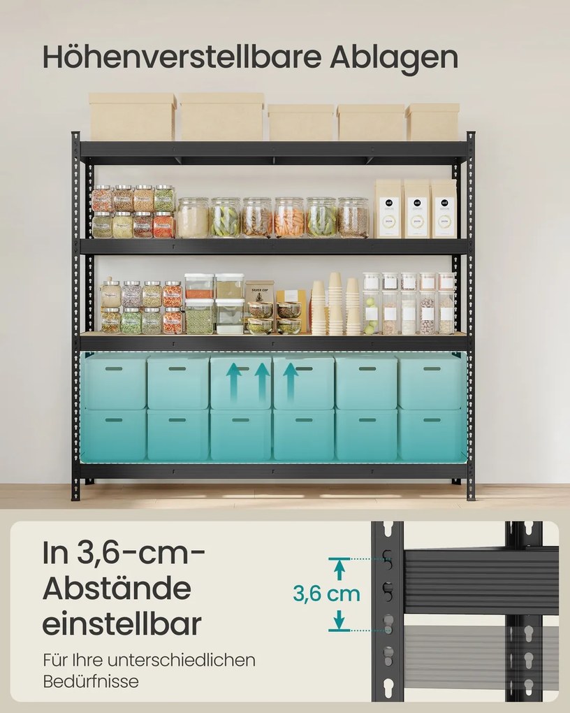 Estante para cargas pesadas 60 x 200 x 183 cm com 4 prateleiras estáveis em MDF com 8 mm de espessura Preta