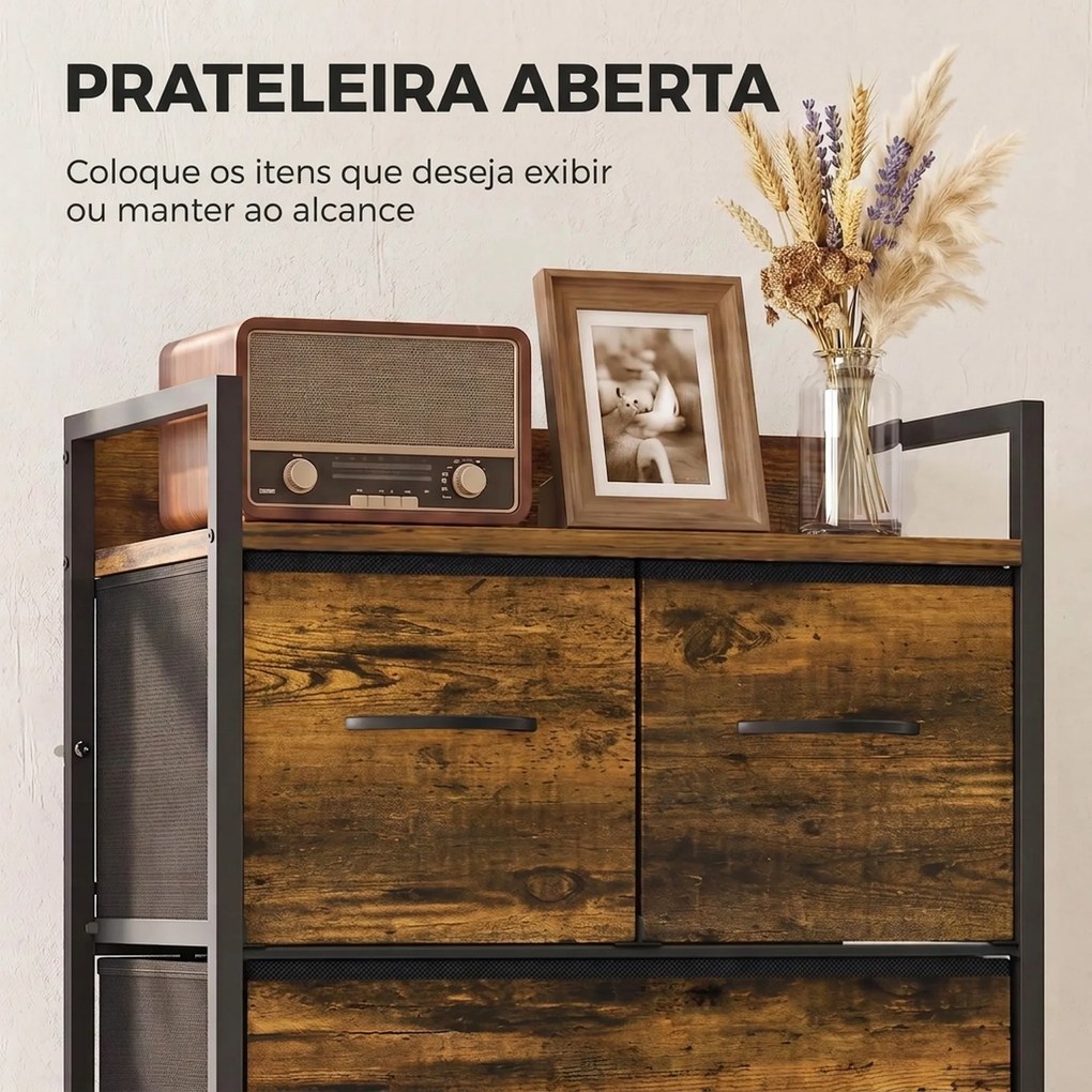 Cómoda com 4 Gavetas em Tecido para Quarto com Prateleira Superior e Estrutura Metálica Castanho Rústico