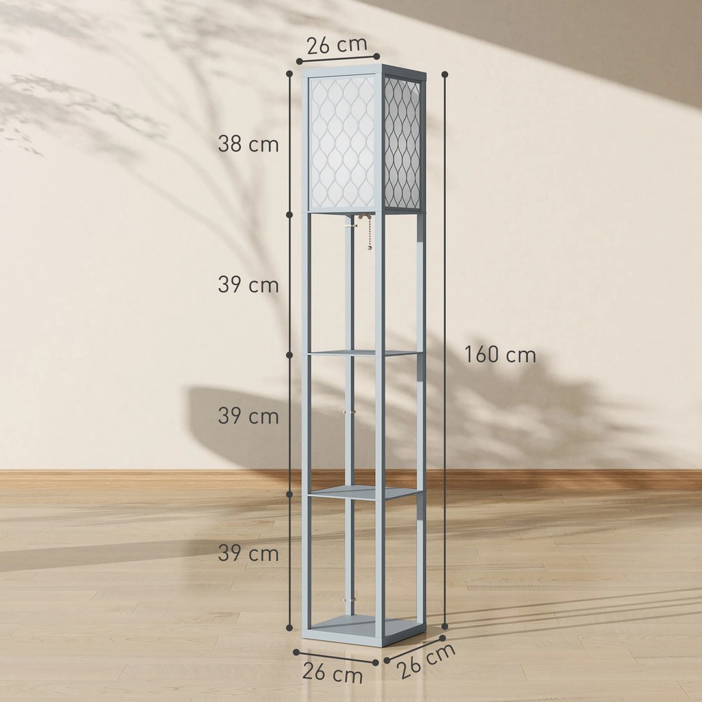 Candeeiro de pé com prateleiras, candeeiro de pé de sala com 3 níveis, interruptor de cordão, 26 x 26 x 160 cm, cinzento e branco