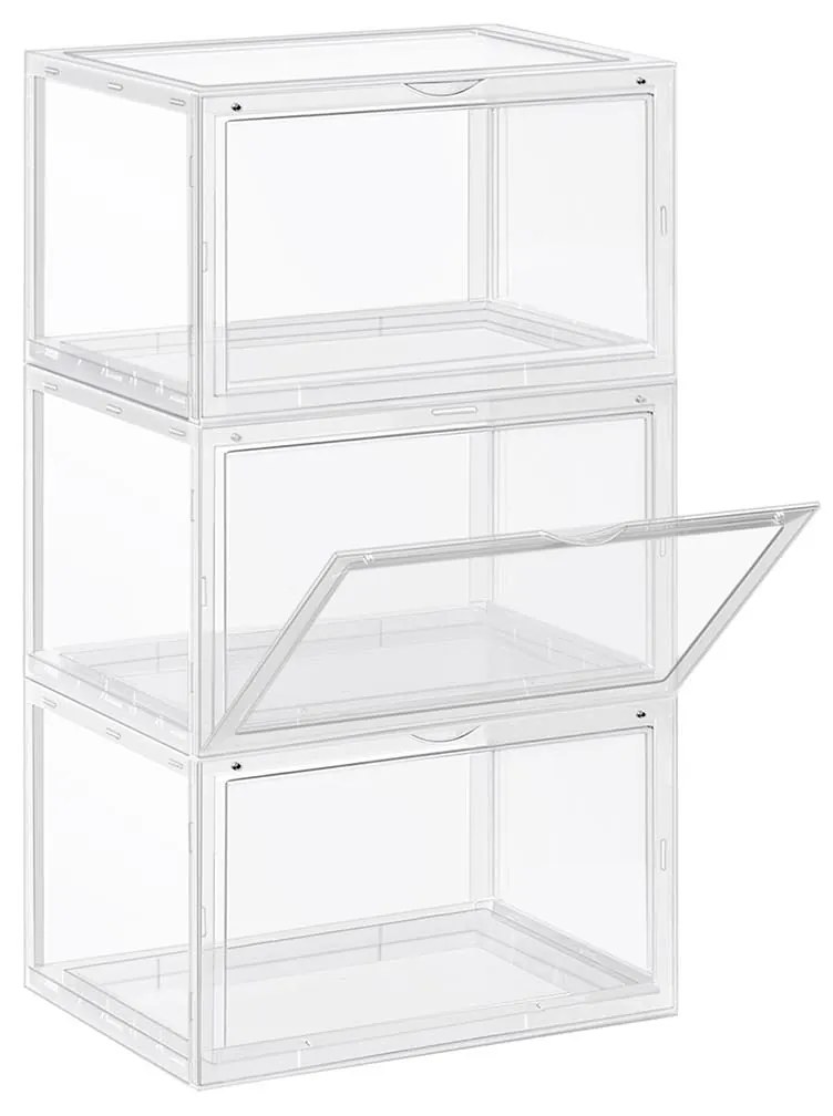 Caixas de sapatos SONGMICS, pacote com 3 organizadores de sapatos empilháveis ​​com porta transparente, armazenamento de sapatos de plástico para tamanho 11 do Reino Unido, 36 x 28 x 22 cm, transparente LSP03CW
