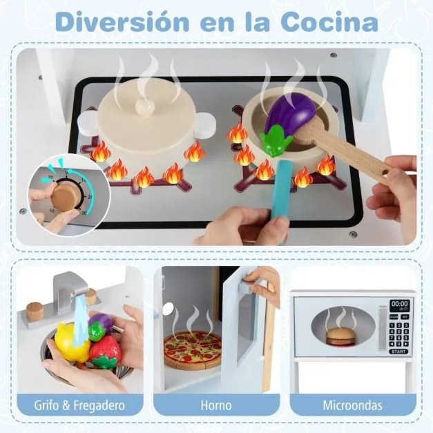 Cozinha de brincar para crianças 61 x 26 x 85 cm em madeira com quadro negro Micro-ondas Fogão Escorredor Torneira e pia para maiores de 3 anos Azul