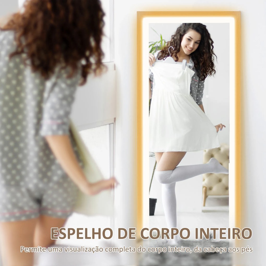 Espelho de Pé com Luz LED 40x160 cm Espelho de Corpo Inteiro com Iluminação de 3 Cores Tátil Função de Memória Madeira