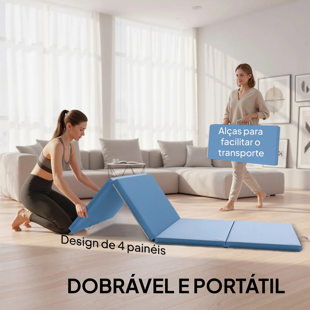 Colchão de Ginástica Dobrável com Espessura de 5 cm e Alças de Transporte para Yoga Aeróbica 240x120x5 cm Azul Claro