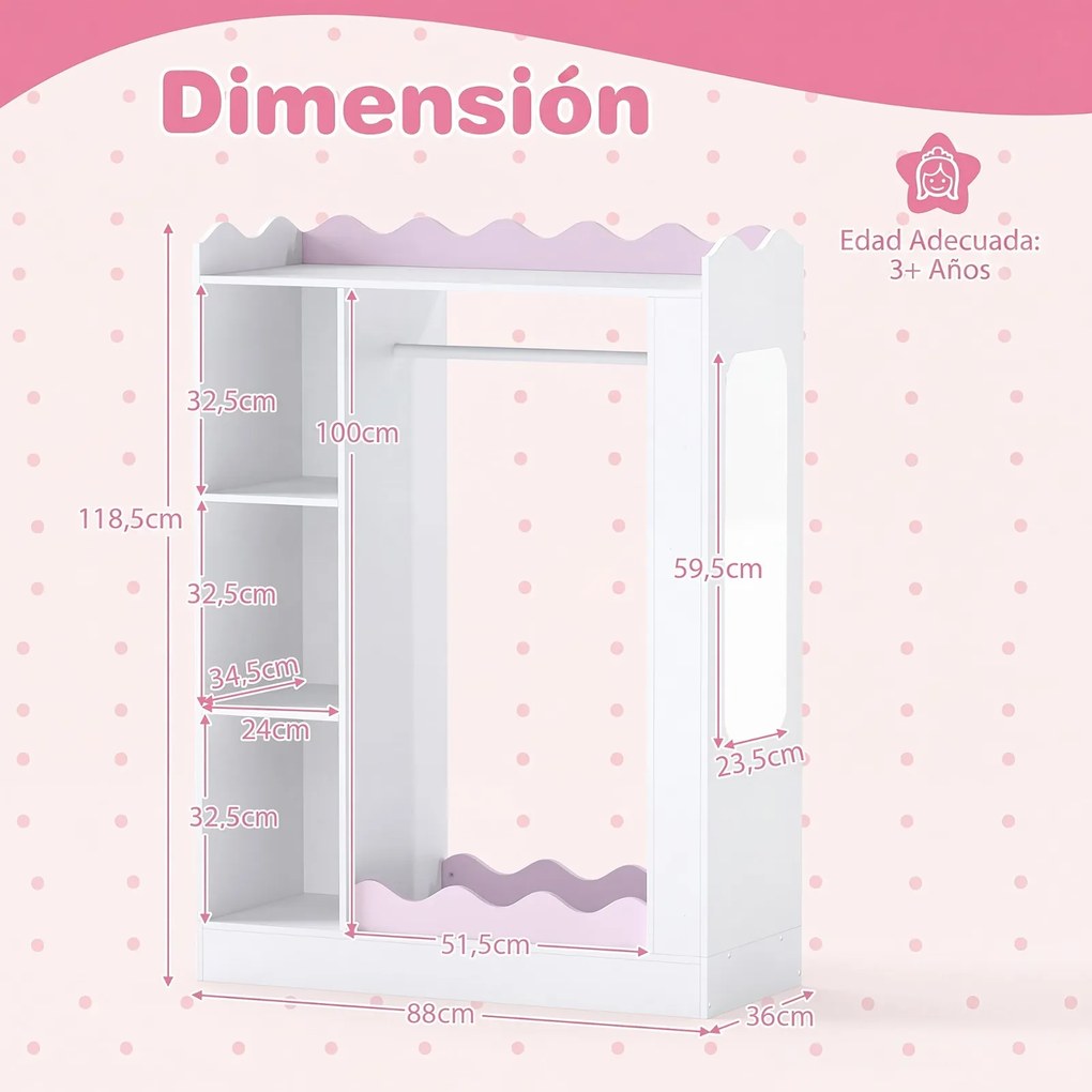 Armário Infantil para Roupa, 88 x 36 x 118,5 cm, Espelhos Interior e Exterior, Rosa
