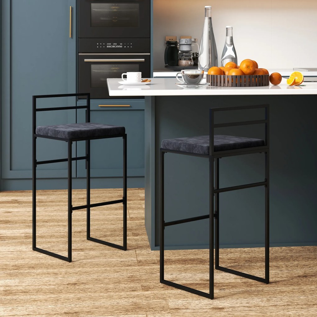 Conjunto de 2 cadeiras de bar com assento alto, almofada de veludo e apoio para os pés, altura 74 cm, preto