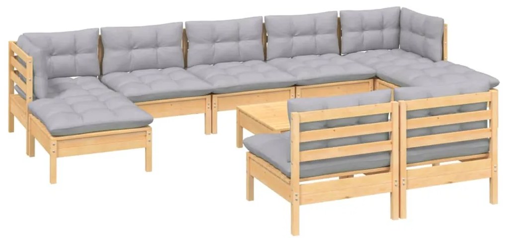 10 pcs conjunto lounge de jardim c/ almofadões cinzentos pinho