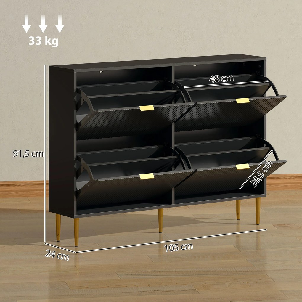 Sapateira com capacidade para 20 pares 105 x 24 x 91,5 cm, com 4 gavetas rebatíveis, portas caneladas e prateleiras ajustáveis, preto