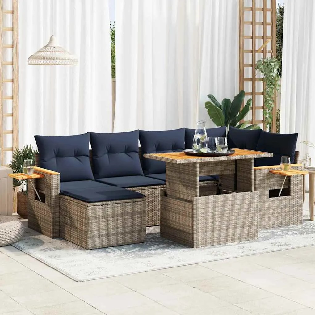 7 pcs conjunto sofás jardim c/ almofadões vime PE/acácia preto