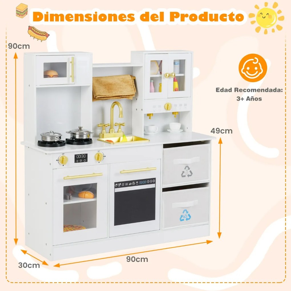 Cozinha Brincar para crianças em madeira com fogão com luz e som Cafeteira Torneira e utensílios de cozinha Branco