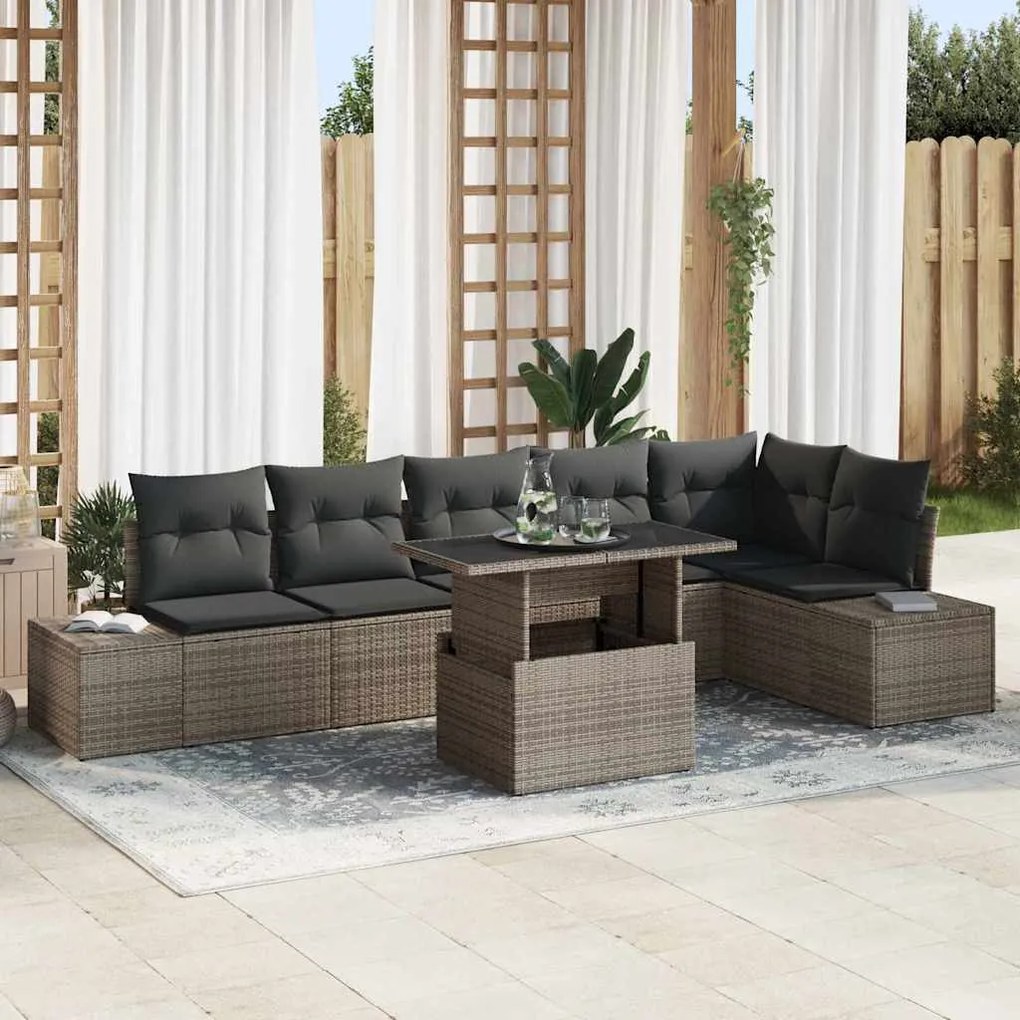 vidaXL Conjunto de sofá de jardim com 7 peças e almofadas cinzas em rattan