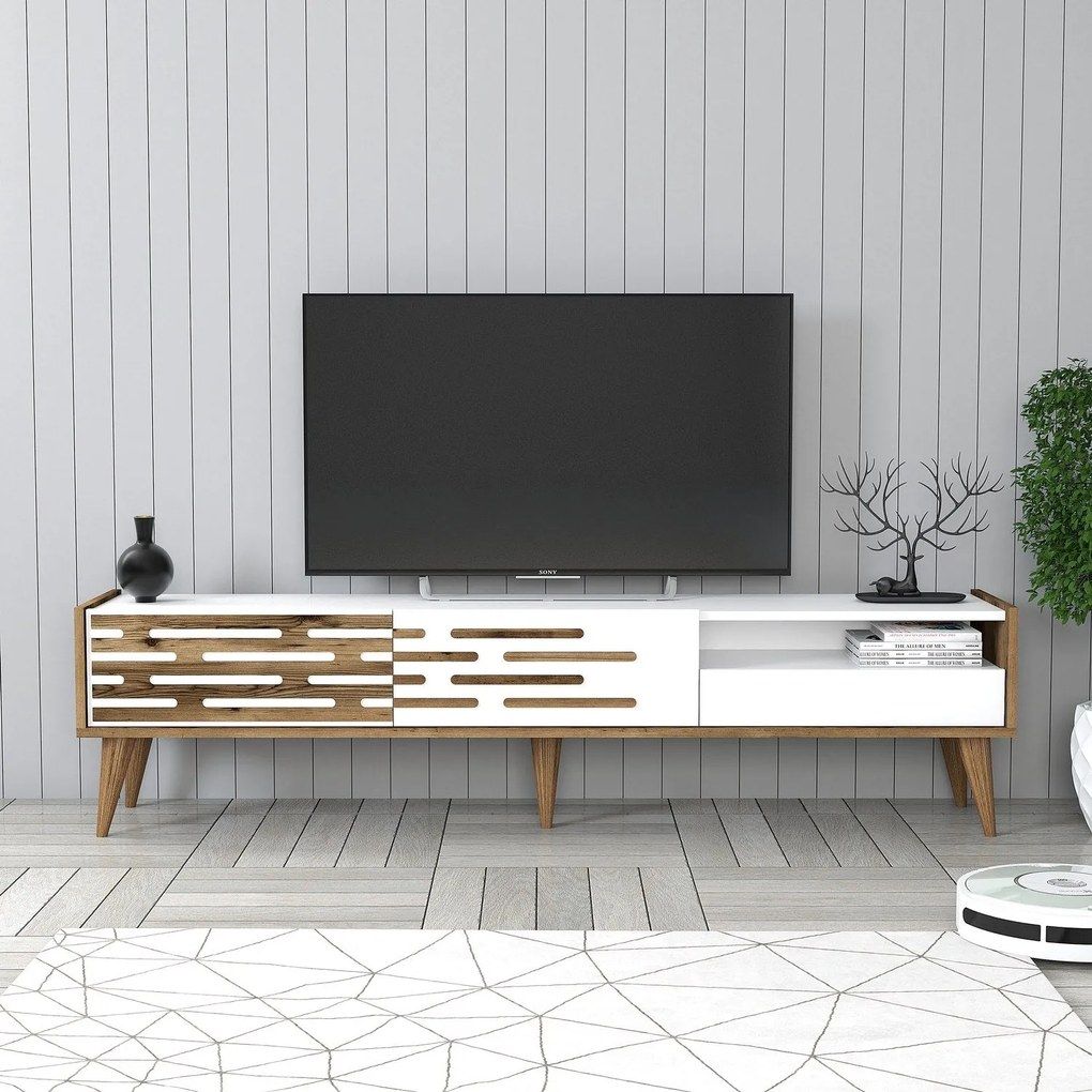 Móvel TV Valensiya – Nogueira e Branco – 180x35x45 cm