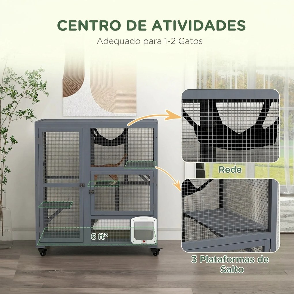 Gaiola Interior para Gatos em Madeira com Rodas Portas Plataformas de Salto Rede e Topo Basculante 110x100x60 cm Cinza