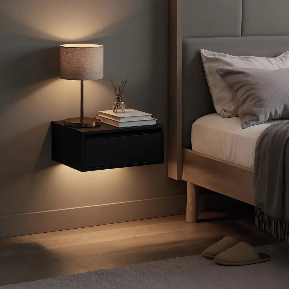 Conjunto de 2 Mesas de cabeceira suspensas 35,1 x 40,1 x 18,1 cm com luz integrada com comando pretas