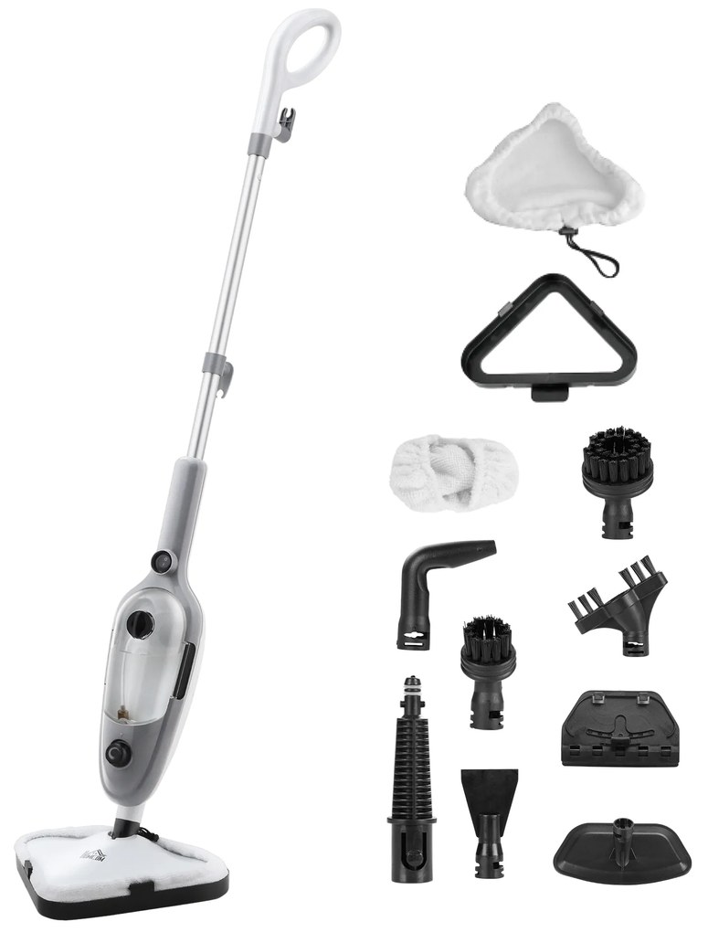 HOMCOM Mopa a Vapor 1300W Limpador a Vapor Multifuncional com Depósito de 450ml e 11 Acessórios Incluídos Aquecimento em 20-30 Segundos 28x21x112cm Cinza e Branco