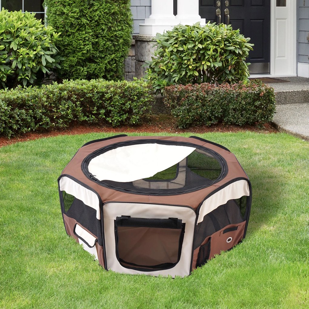 Parque dobrável para cães, gatos e pequenos animais, octogonal, em tecido Oxford e aço, Ø 90 x 41 cm (altura), castanho-bege