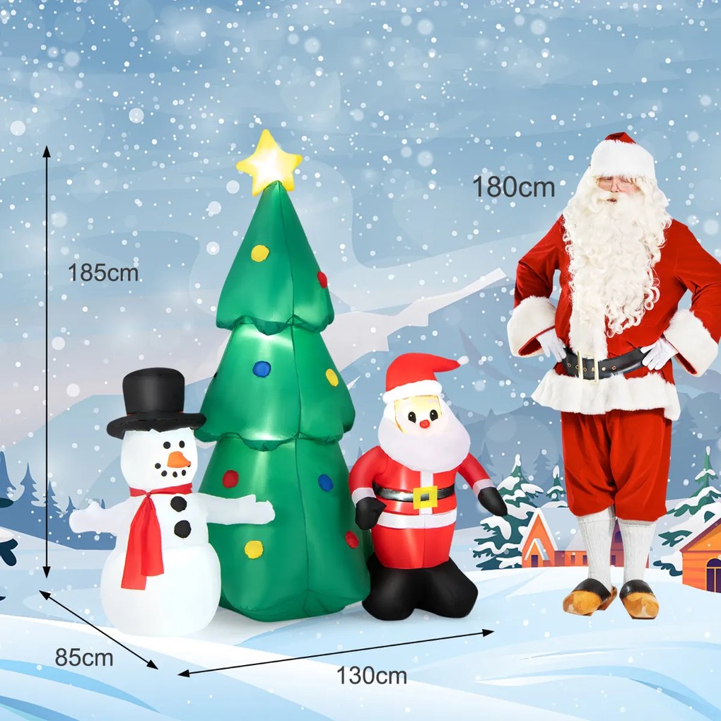 Decoração de Natal Insuflável 185 cm Pai Natal Insuflável Boneco de Neve Insuflável com Luzes LED e Ventilador para Interior e Exterior