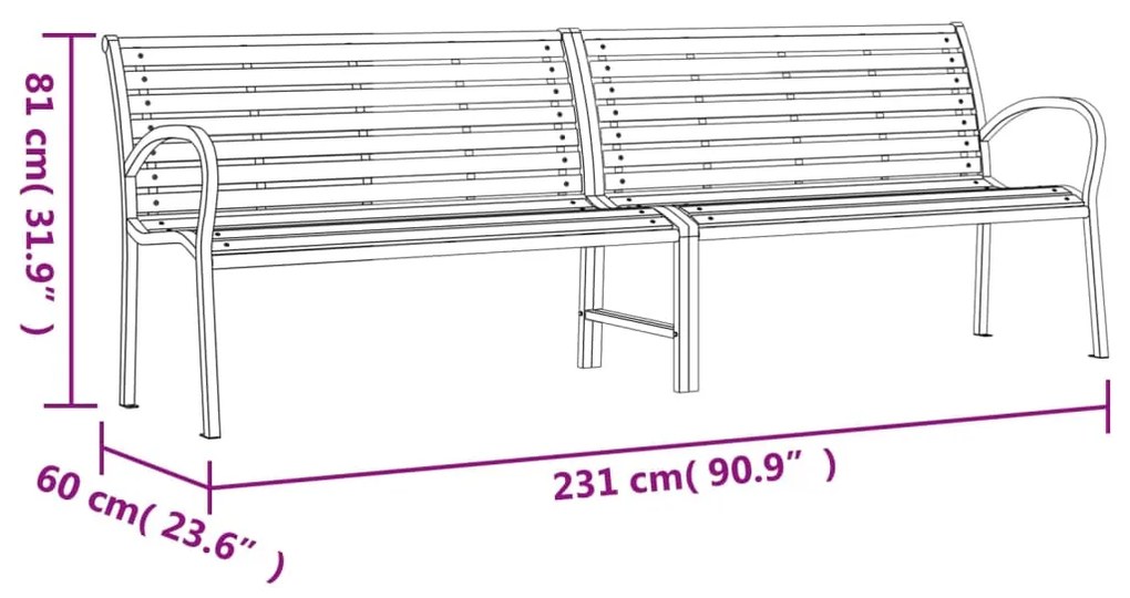 Banco de jardim duplo 231 cm aço e WPC preto