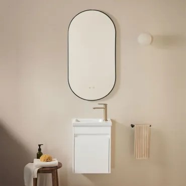 Conjunto De Móvel De Casa De Banho Em Madeira Com Lavatório Integrado Narek Branco & Ovale Led E Antifog Preto 50x100 Cm Asteiro - Sklum