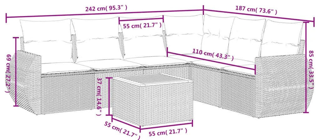 7 pcs conjunto sofás p/ jardim c/ almofadões vime PE cinzento