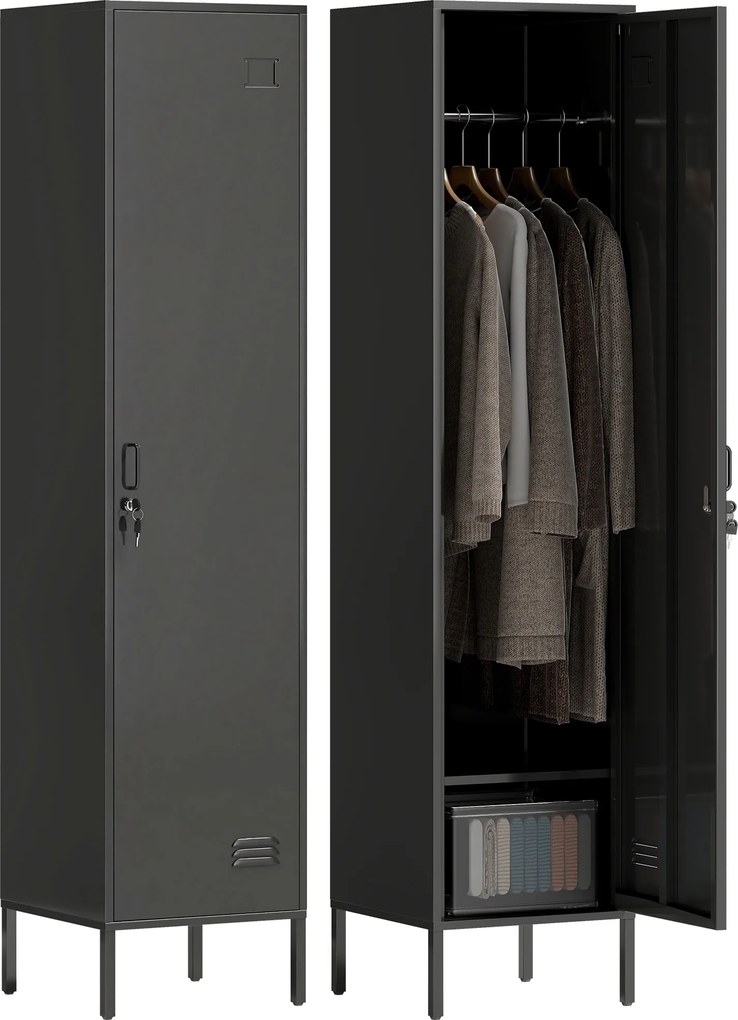 HOMCOM Cacifo metálico com porta trancável e barra de cabide, cacifo de aço individual para casa ou escritório, preto | Aosom Portugal