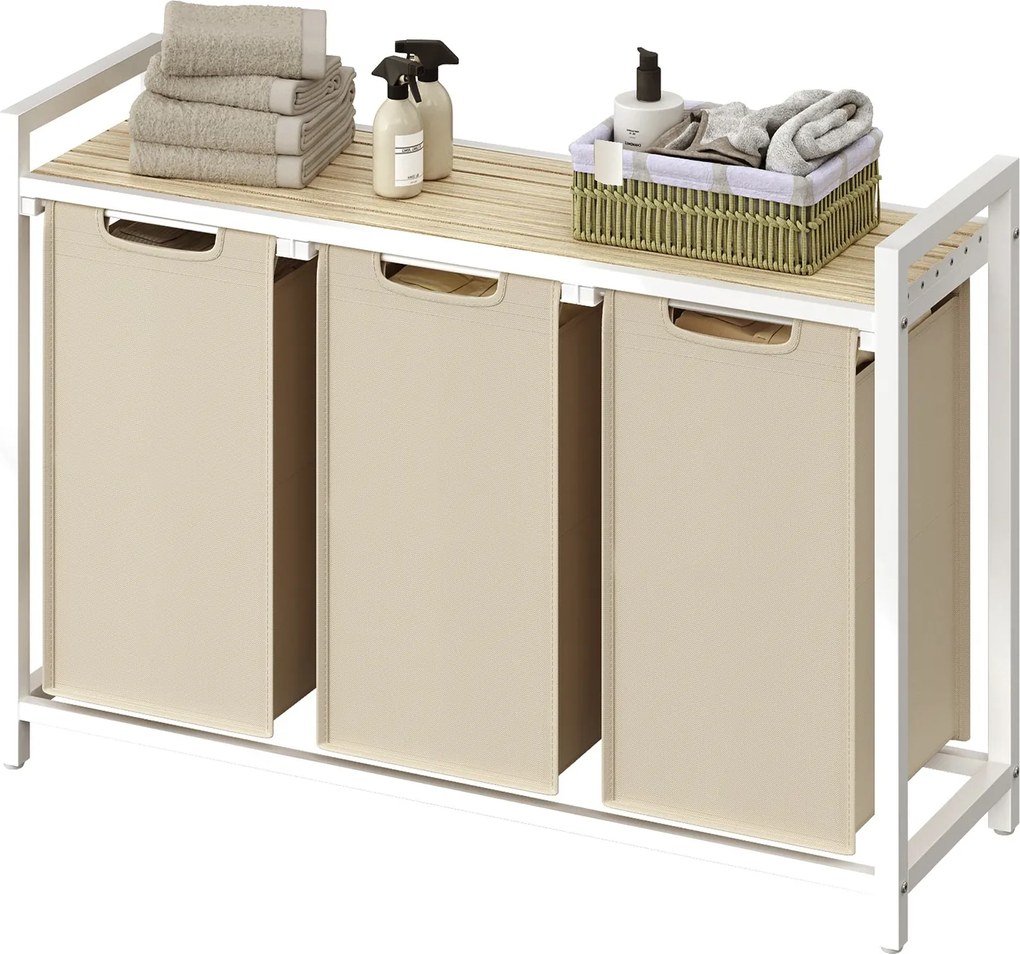 Cesto da roupa suja com 3 compartimentos, cesto com prateleira, 92,5 x 33 x 72 cm Bege