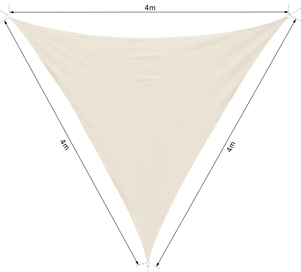 Vela de Sombra Triangular 4x4x4 m Toldo Vela de HDPE com Proteção UV Aneis em Forma de D e Cordas para Jardim Pátio Piscina Creme