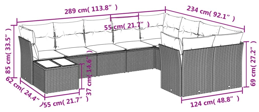 10 pcs conjunto de sofás p/ jardim com almofadões vime PE bege