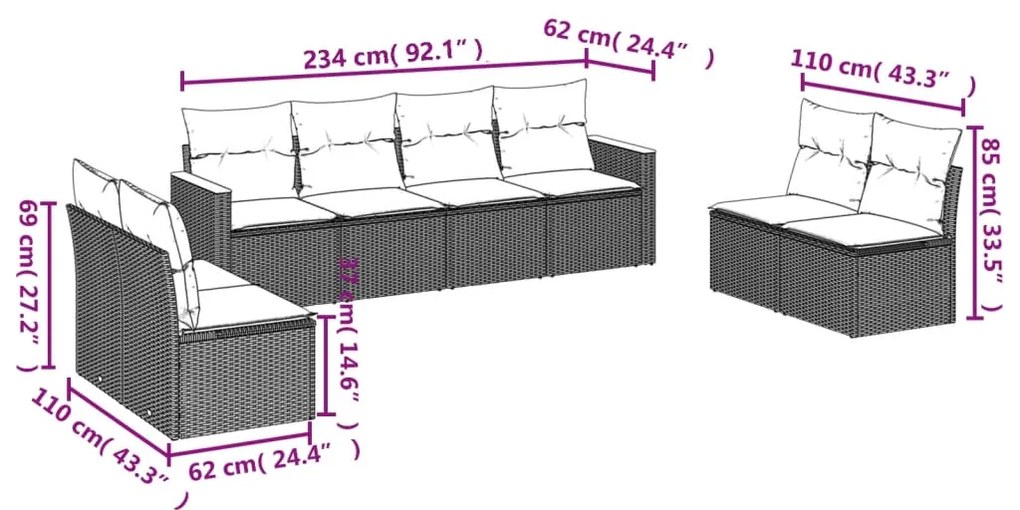 8 pcs conjunto sofás de jardim com almofadões vime PE preto