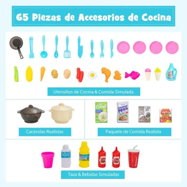 Cozinha para crianças a partir dos 3 anos com 65 acessórios , luzes e sons realistas para crianças 45 x 26 x 79 cm Azul