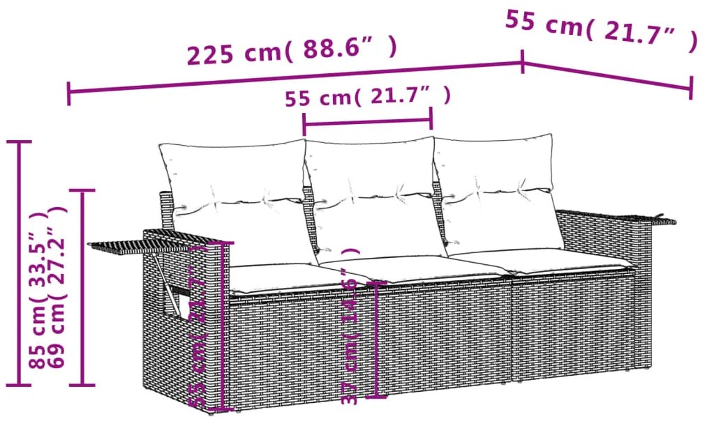 3 pcs conjunto sofás de jardim com almofadões vime PE preto