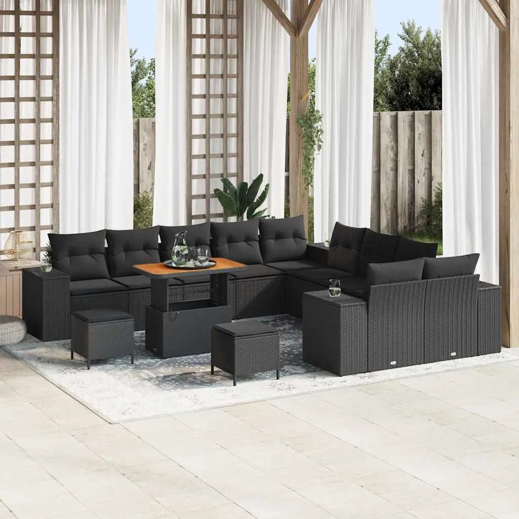 vidaXL Conjunto de Sofá de Jardim com 13 Peças e Almofadas Pretas em Rattan de Poliéster e Madeira de Acácia