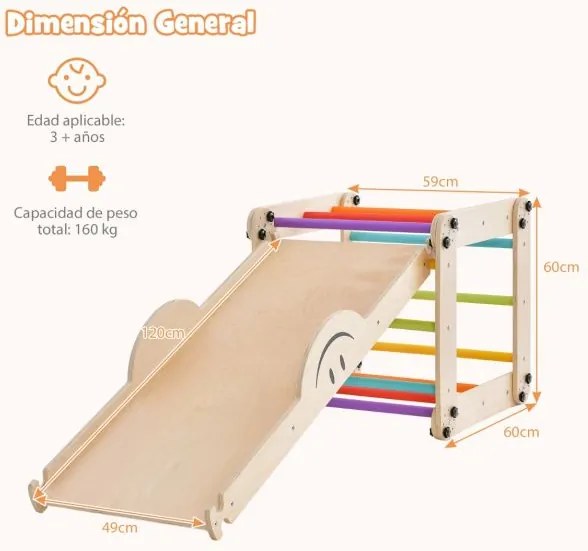 Conjunto de Escalada Montessori para crianças de Madeira Dobrável com Rampa Ajustável Baloiço de Escalada Reversível para Crianças Multicolorido