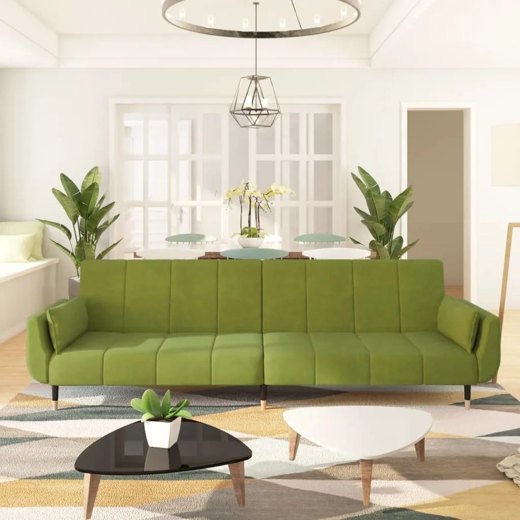337585 vidaXL Sofá-cama 2 lugares com duas almofadas veludo verde-claro