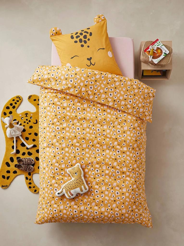 Conjunto capa de edredon + fronha de almofada para criança, tema Sweet Panthere amarelo medio liso com motivo