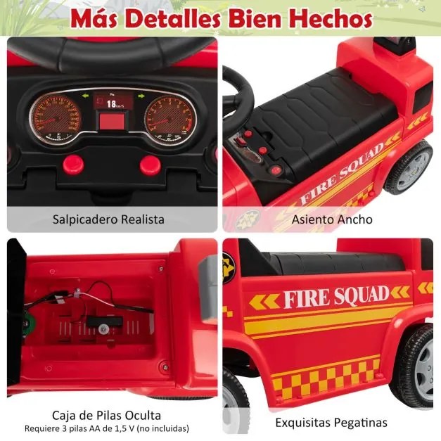 Andarilho para crianças 18-36 meses Carro de bombeiros com faróis de bolha e sons de sirene e música 86 x 28 x 48,5 cm Vermelho